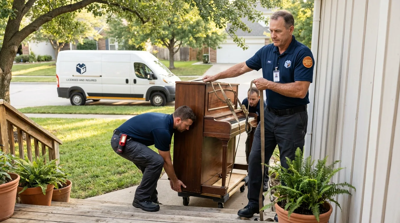 Licensed piano movers securing grand piano in Waukesha, WI