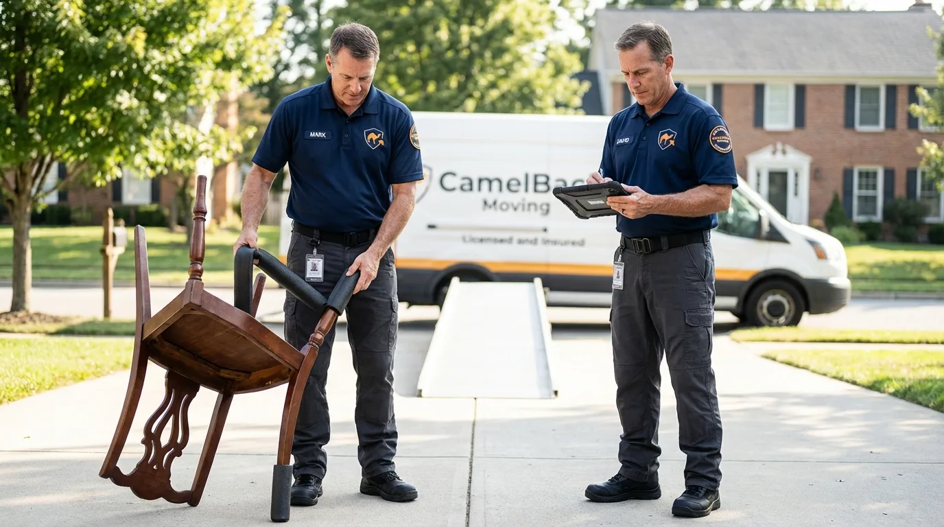 Movers inspecting furniture for damage prevention before loading in Waukesha, WI