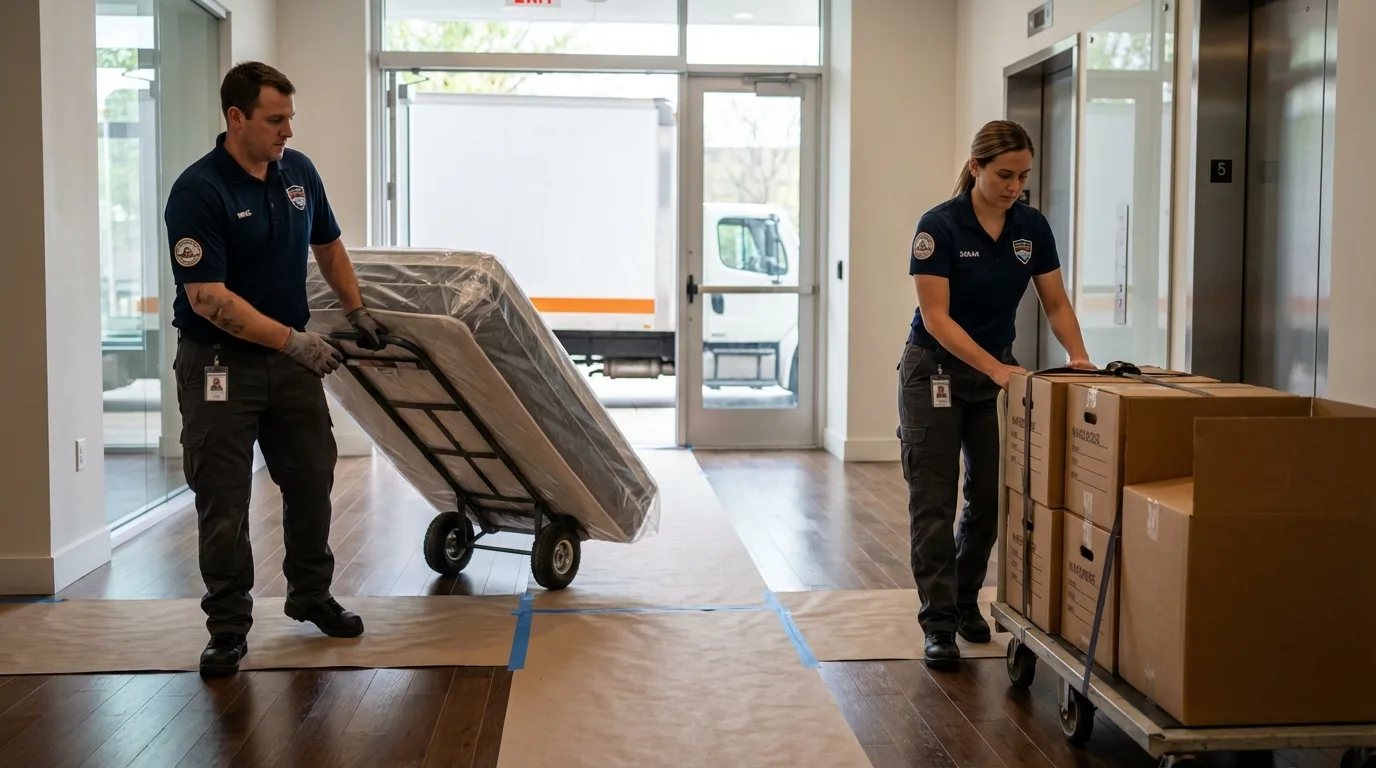 Professional apartment movers loading elevator in Waukesha, WI