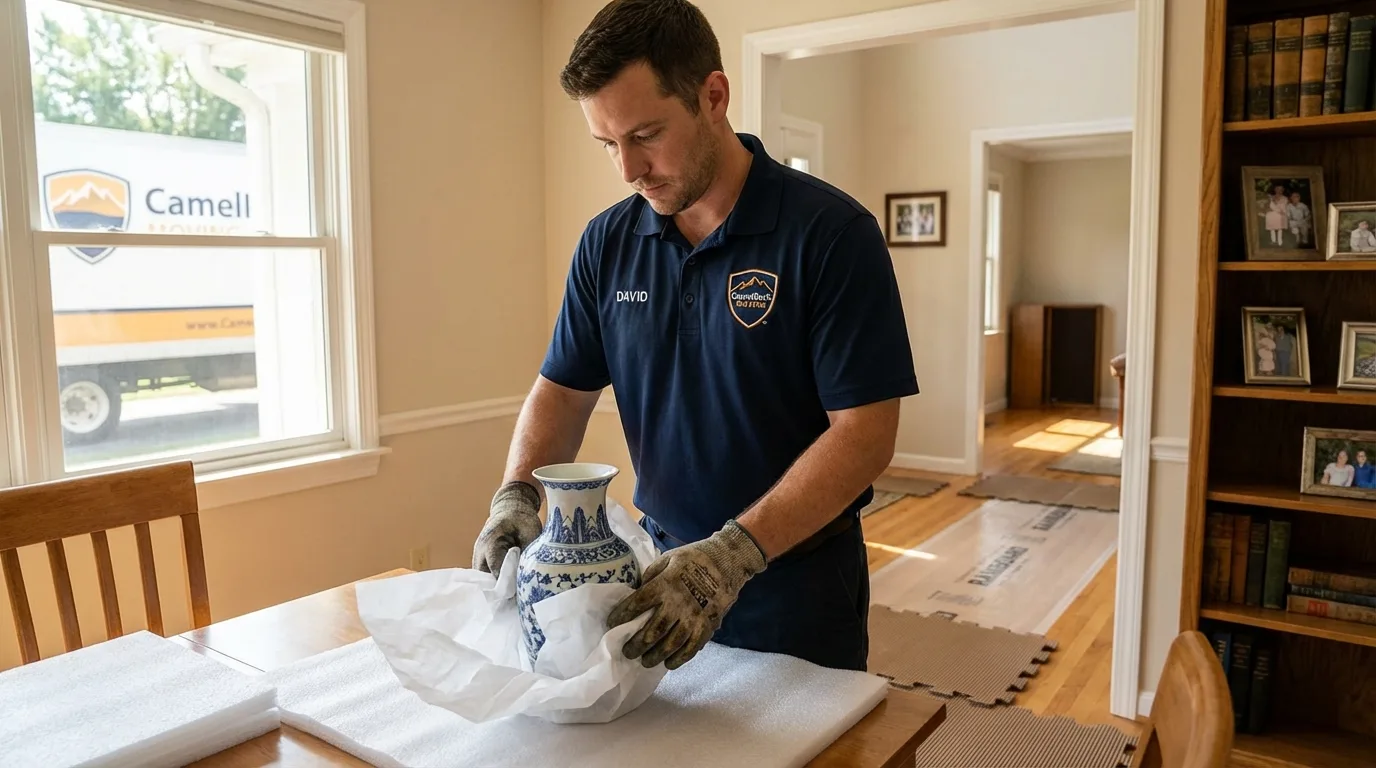 Professional crew carefully wrapping antique vase for senior downsizing move in Waukesha, WI